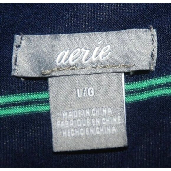 Aerie Ladies L Knit Top Navy Blue & Green Striped V-Neck Stretch Viscose Popover - Picture 6 of 7
